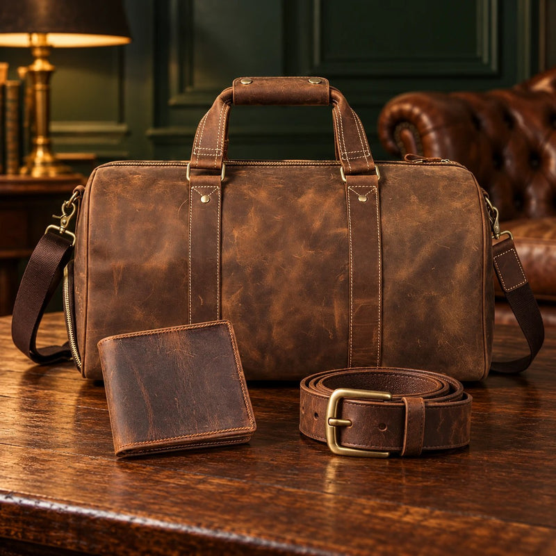 Sac de voyage, portefeuille et ceinture en cuir Crazy Horse sur une table en chêne