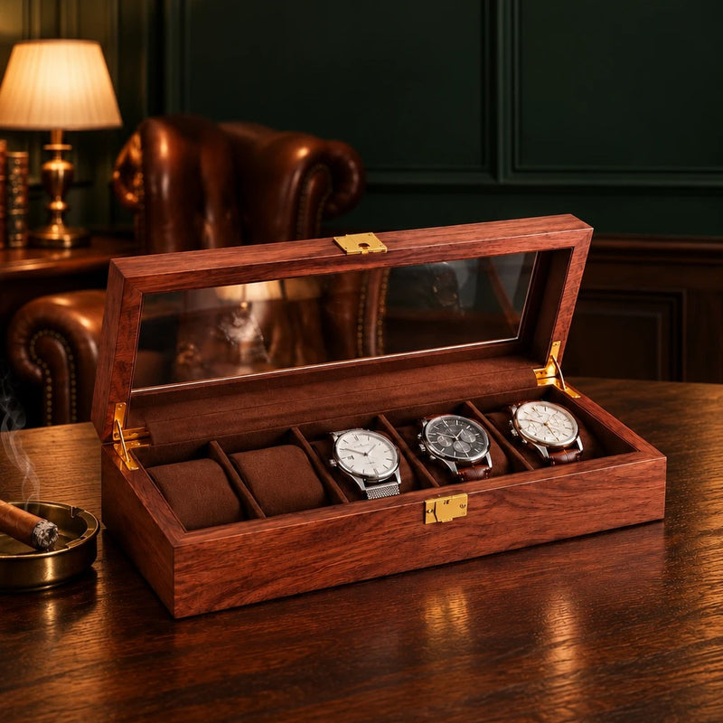 Coffret à montres en bois ouvert avec trois montres