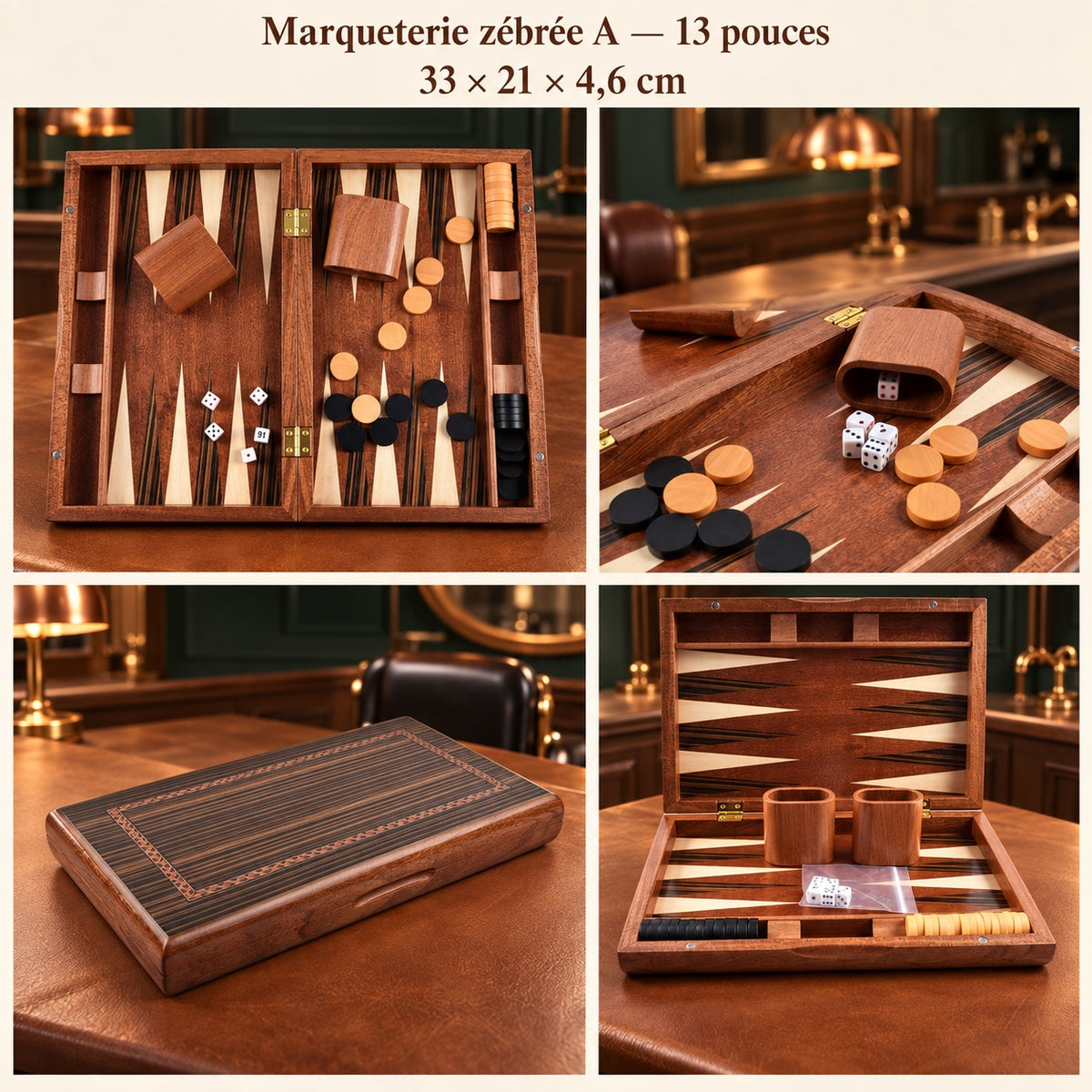 Backgammon 33 cm marqueterie zébrée : vues ouverte, fermée et détails, 33 × 21 × 4,6 cm