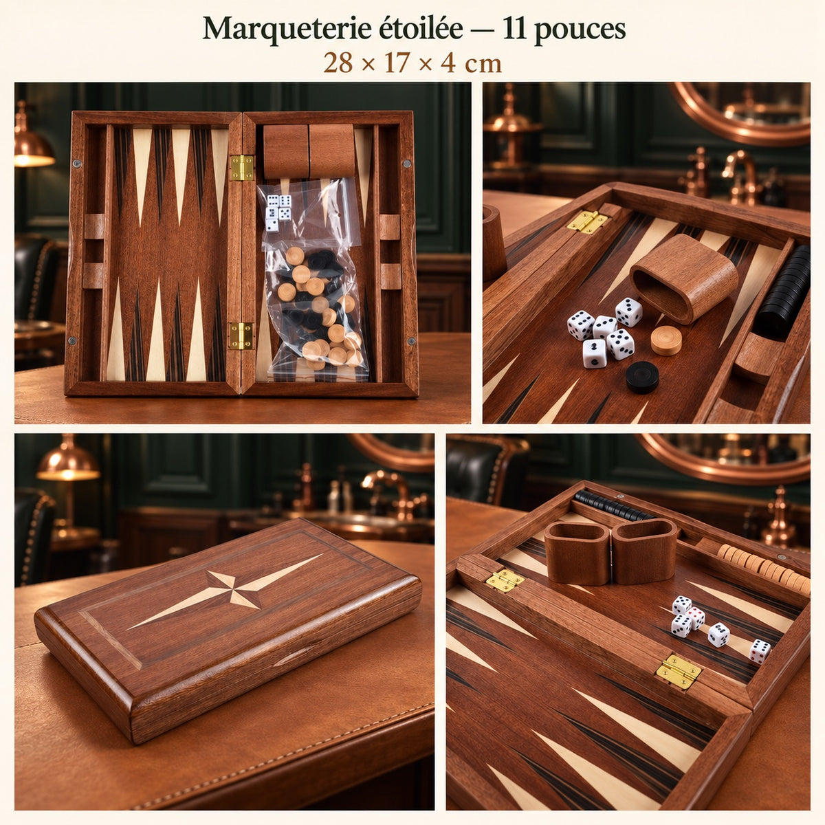 Backgammon 28 cm marqueterie étoilée : vues ouverte, fermée et détails, 28 × 17 × 4 cm