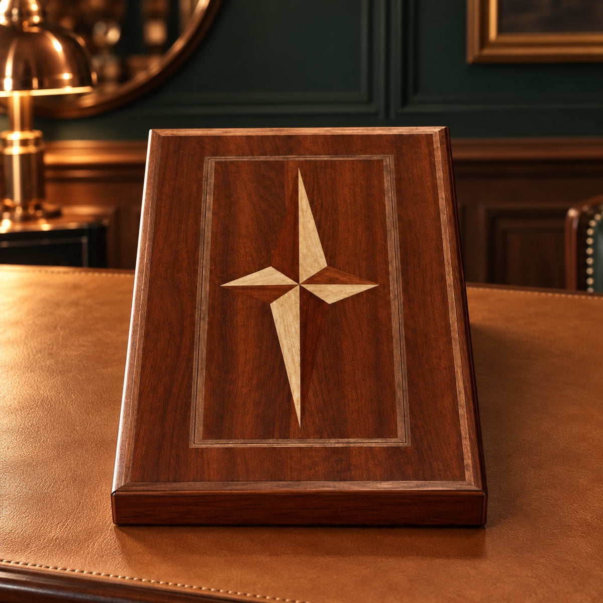 Mallette de backgammon fermée, marqueterie étoilée sur bois de sapelli