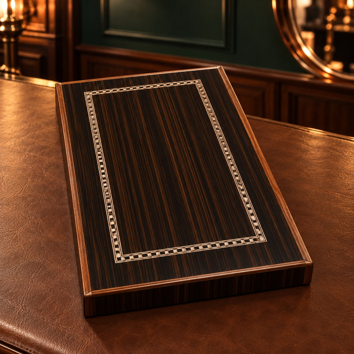 Mallette de backgammon fermée, marqueterie zébrée avec filet décoratif