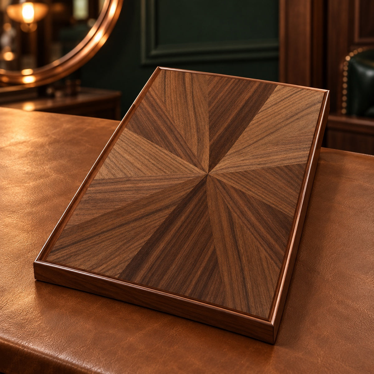 Mallette de backgammon 43,5 cm fermée, marqueterie en éventail