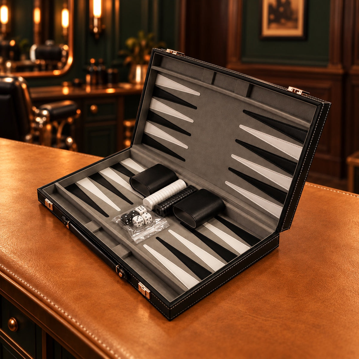 Backgammon en mallette noire effet cuir 37 cm sur un comptoir en cuir de barbier