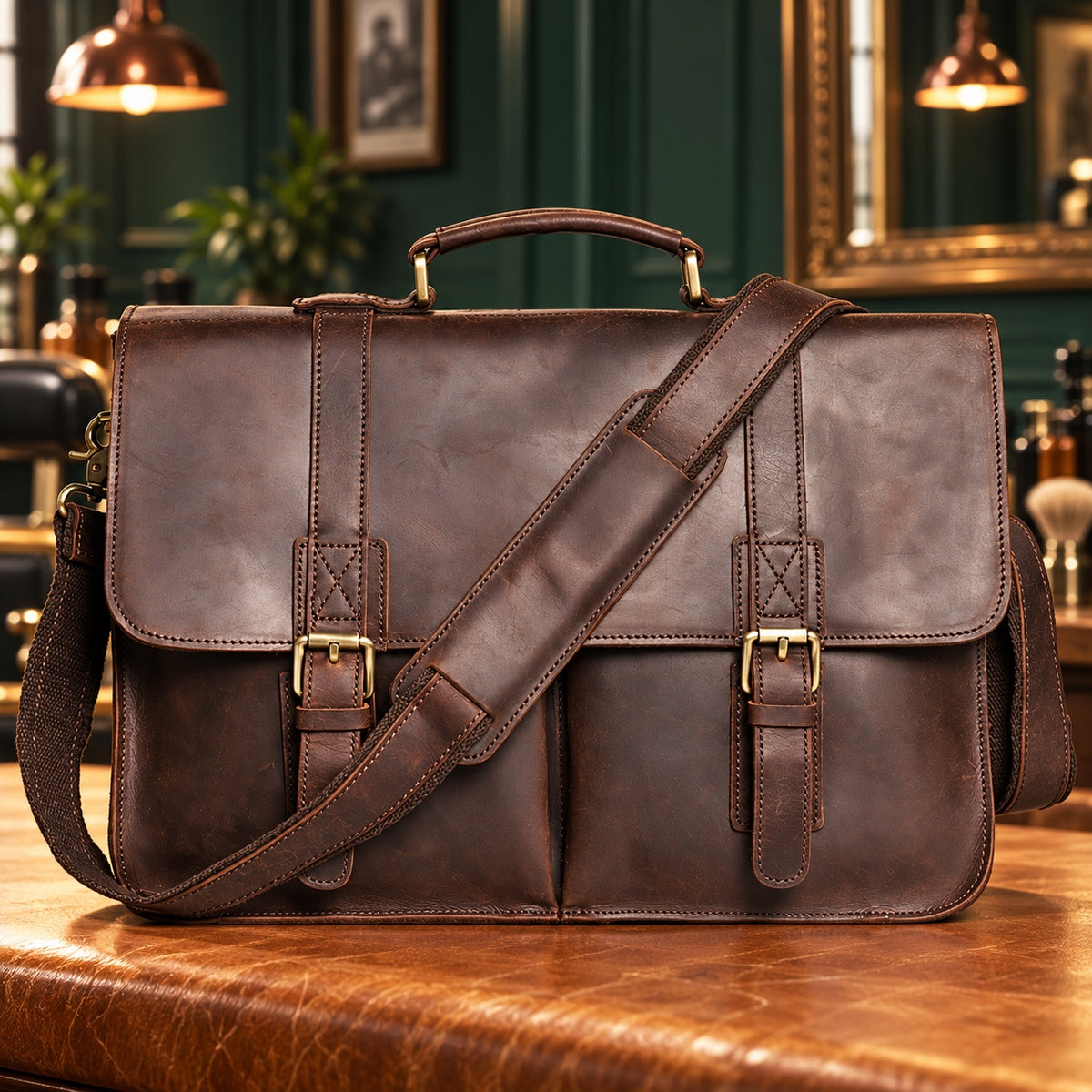 Cartable homme en cuir Crazy Horse café foncé sur un comptoir en cuir de barbier