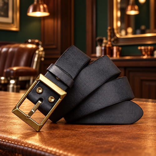 Ceinture homme en cuir pleine fleur vieilli noire, boucle ardillon en cuivre, sur un comptoir en cuir de barbier
