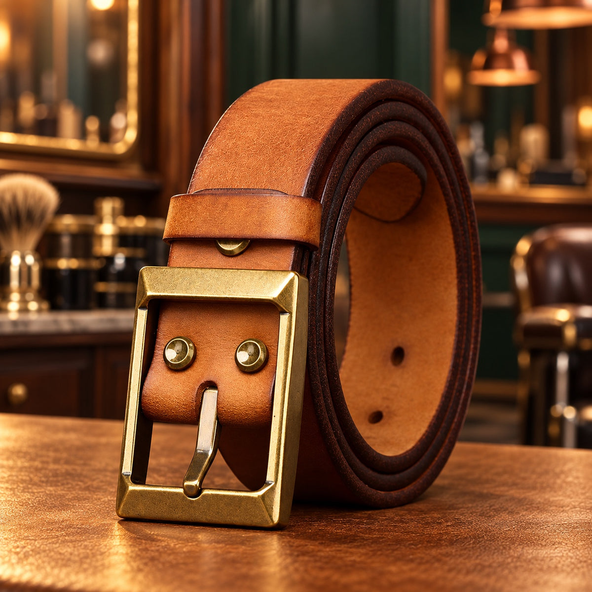 Ceinture en cuir pleine fleur enroulée, détail de la boucle ardillon en cuivre