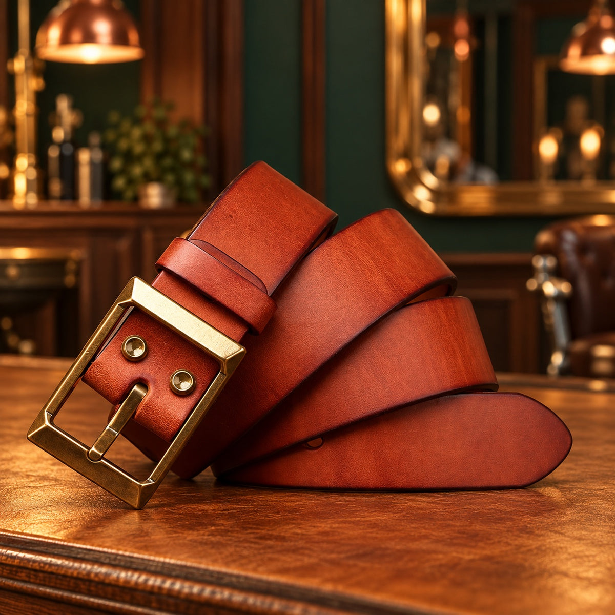 Ceinture en cuir pleine fleur marron rouge, boucle en cuivre massif