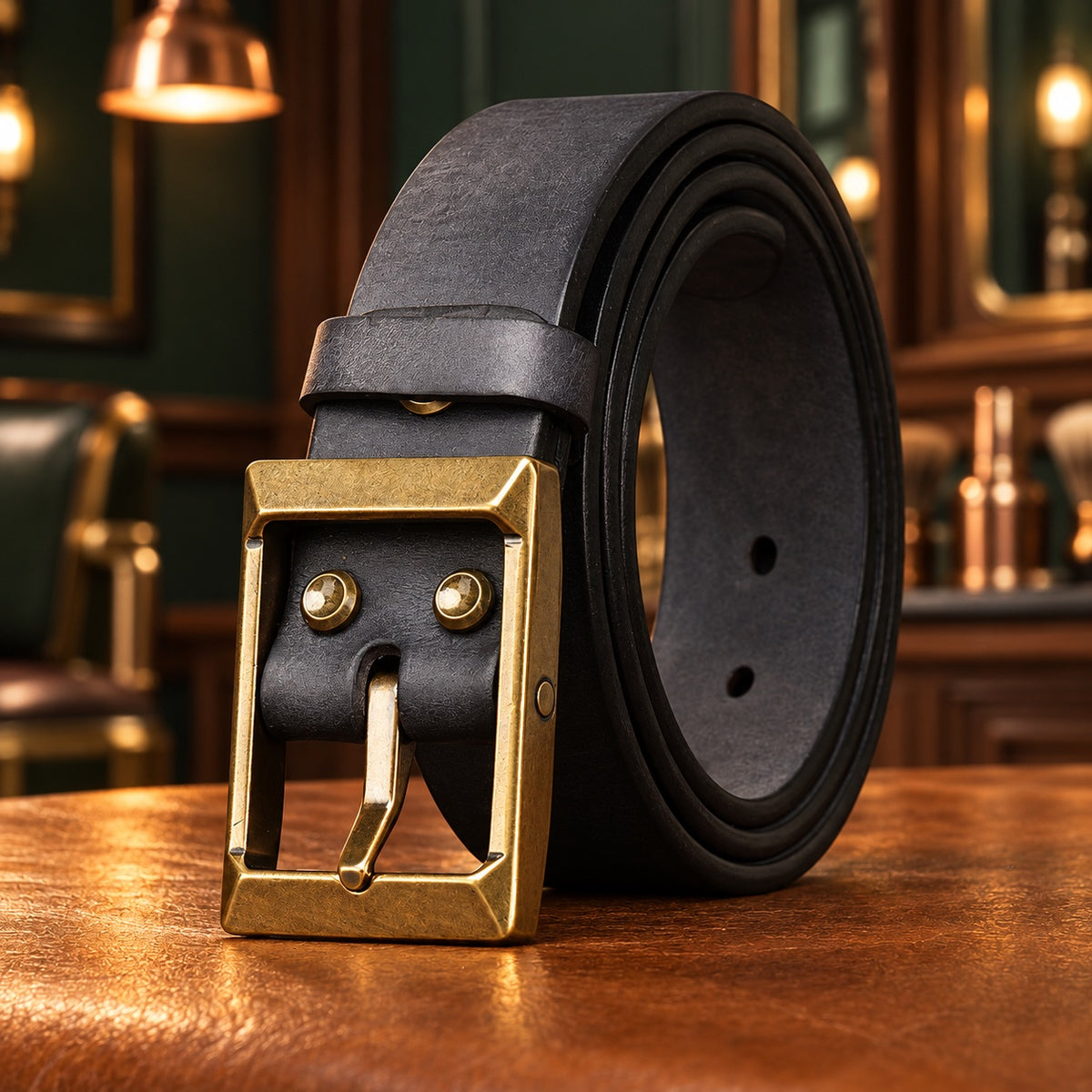 Ceinture en cuir pleine fleur noire enroulée, boucle en cuivre