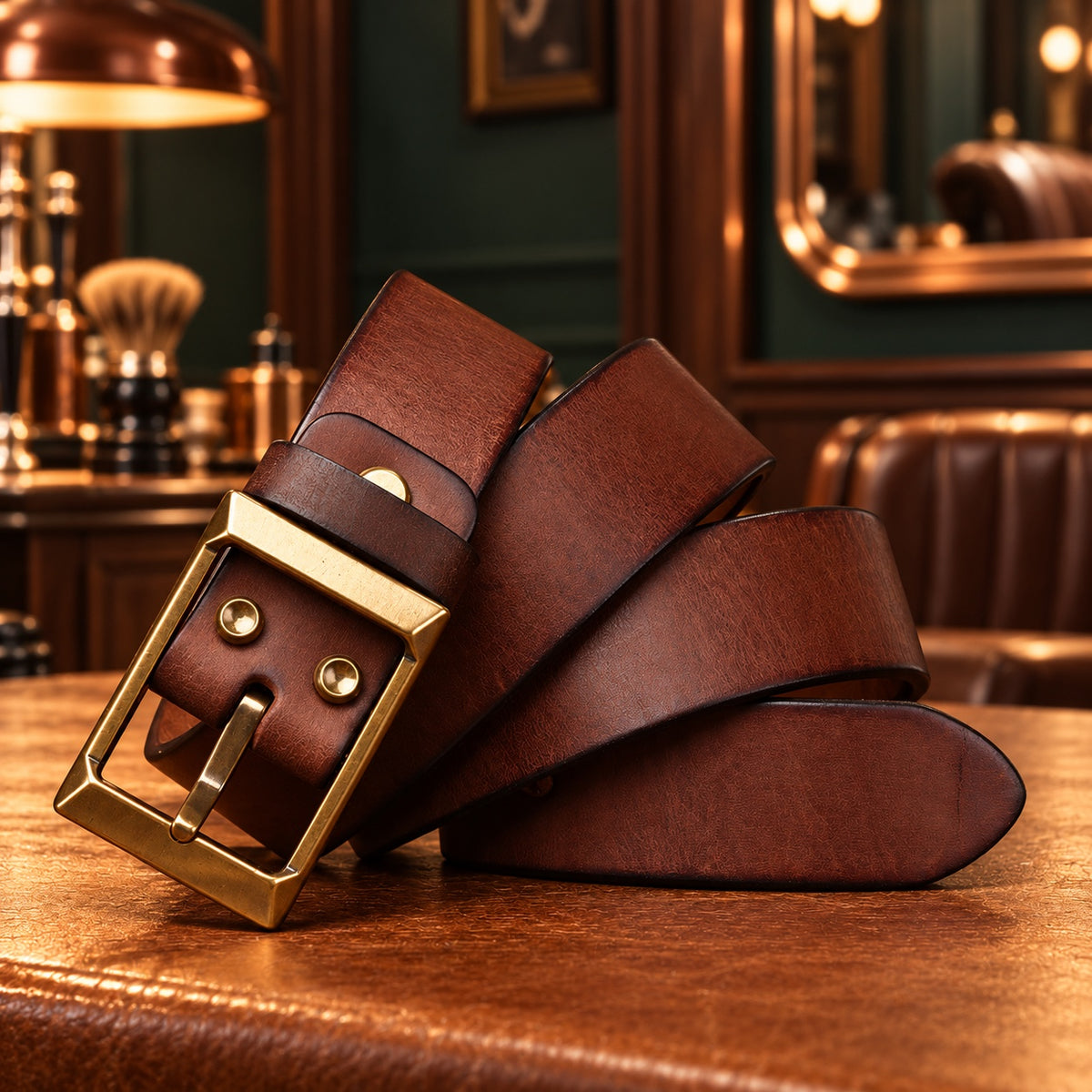 Ceinture en cuir pleine fleur marron, boucle en cuivre massif