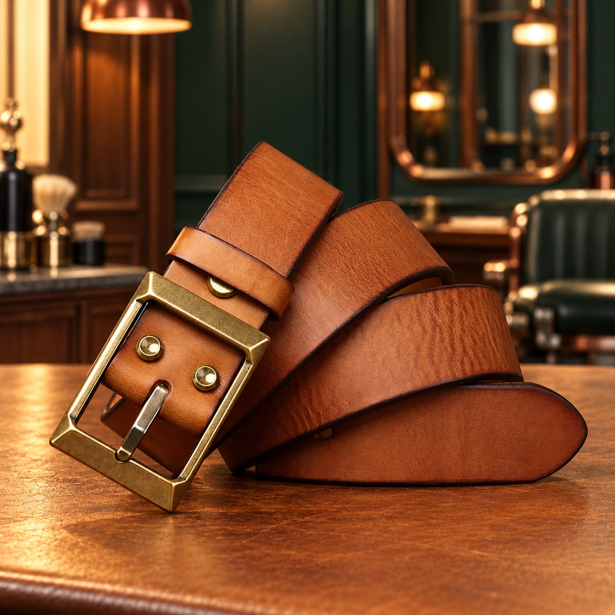 Ceinture en cuir pleine fleur kaki, boucle en cuivre massif
