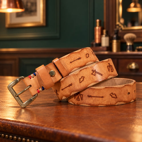 Ceinture en cuir tanné végétal gravée kaki, boucle en laiton, sur un comptoir en cuir de barbier