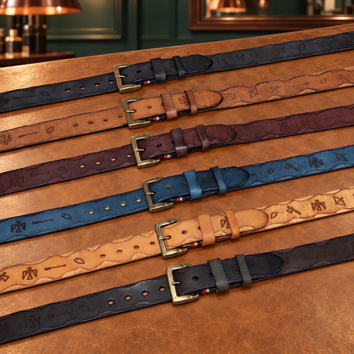 Les six coloris de la ceinture en cuir tanné végétal gravée