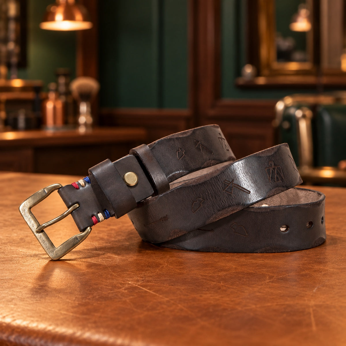 Ceinture en cuir tanné végétal gravée marron