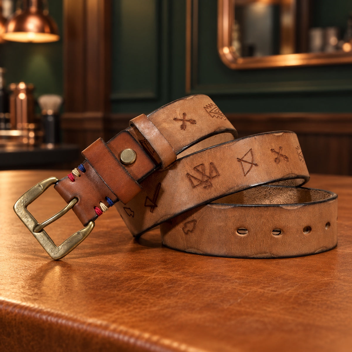 Ceinture en cuir tanné végétal gravée camel