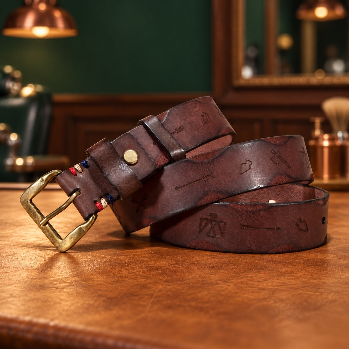 Ceinture en cuir tanné végétal gravée marron rouge