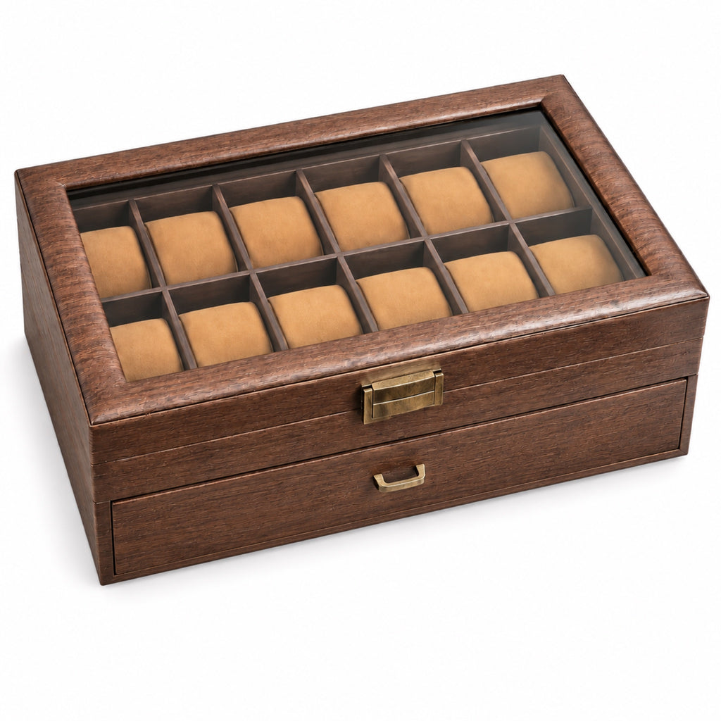 Coffret à montres en bois 24 places, 2 niveaux, packshot fond blanc – L'Art du Cadeau Homme