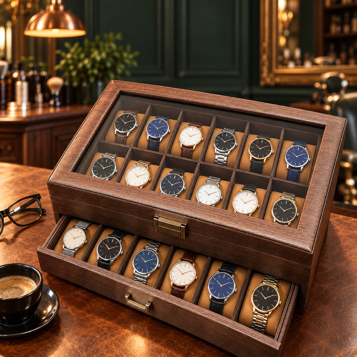Coffret à montres en bois 24 places, tiroir ouvert avec montres – L'Art du Cadeau Homme