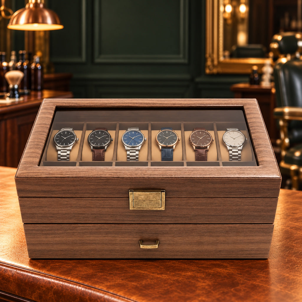 Coffret à montres en bois 24 places, couvercle vitré fermé – L'Art du Cadeau Homme
