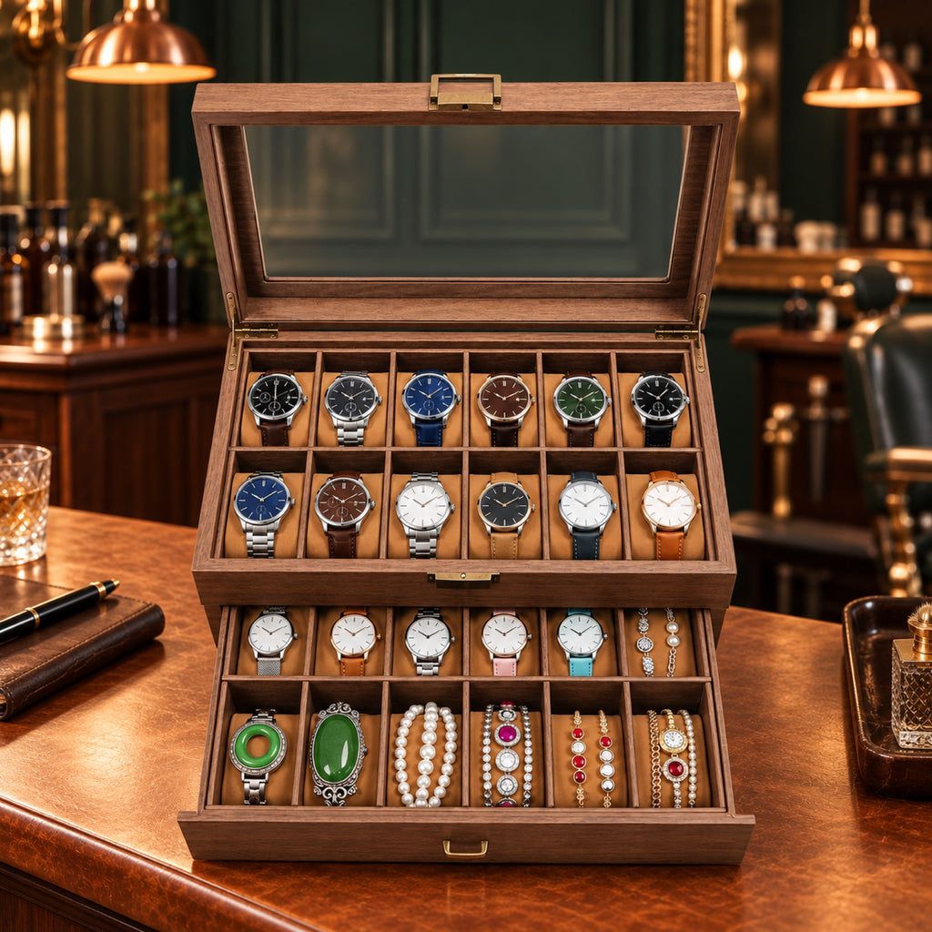 Coffret à montres en bois 24 places, détail du fermoir laiton – L'Art du Cadeau Homme