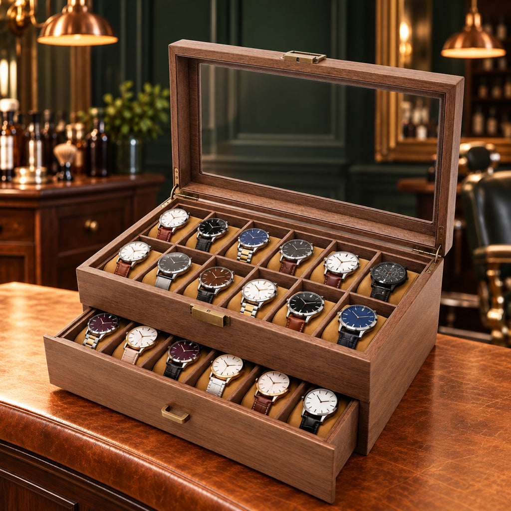 Coffret à montres en bois 24 places, coussins amovibles – L'Art du Cadeau Homme