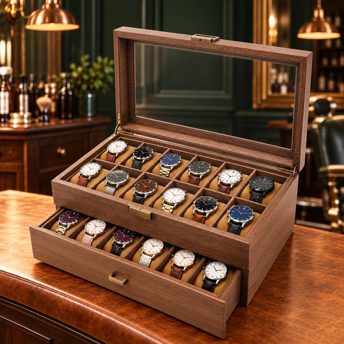 Coffret à montres en bois 24 places, coussins amovibles – L'Art du Cadeau Homme