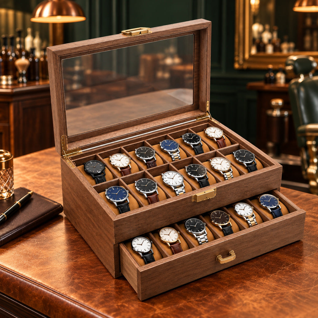 Coffret à montres en bois 24 places, vue de trois quarts – L'Art du Cadeau Homme