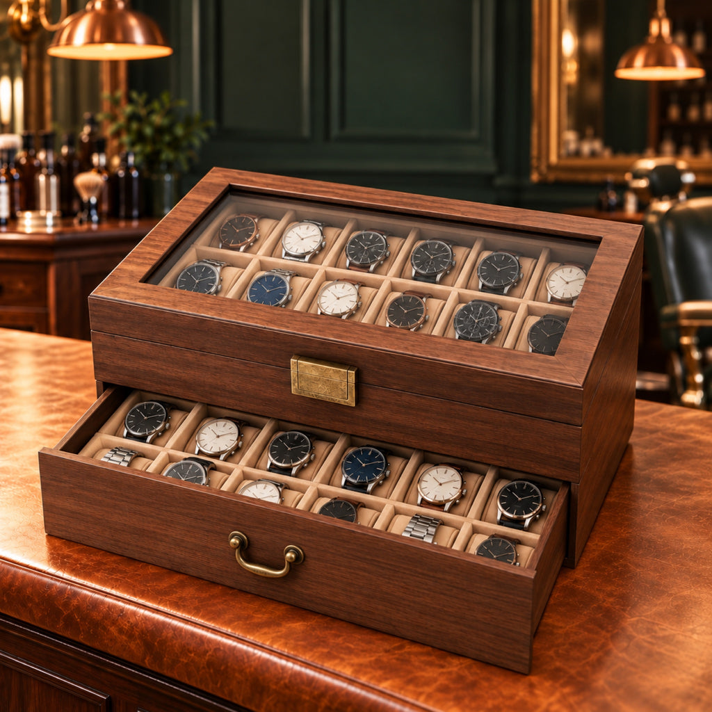 Coffret à montres en bois 24 places, plateau supérieur – L'Art du Cadeau Homme