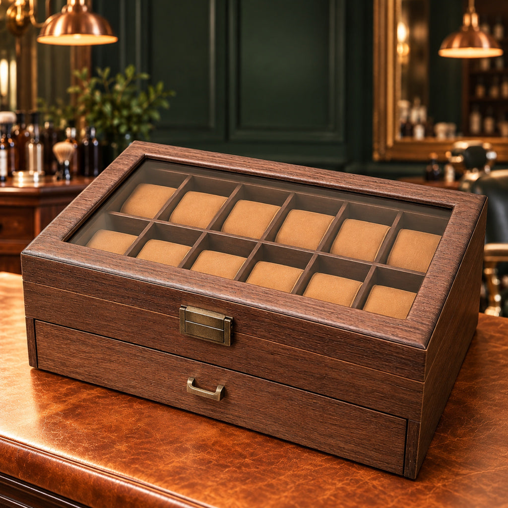 Coffret à montres en bois 24 places sur un comptoir, ambiance – L'Art du Cadeau Homme