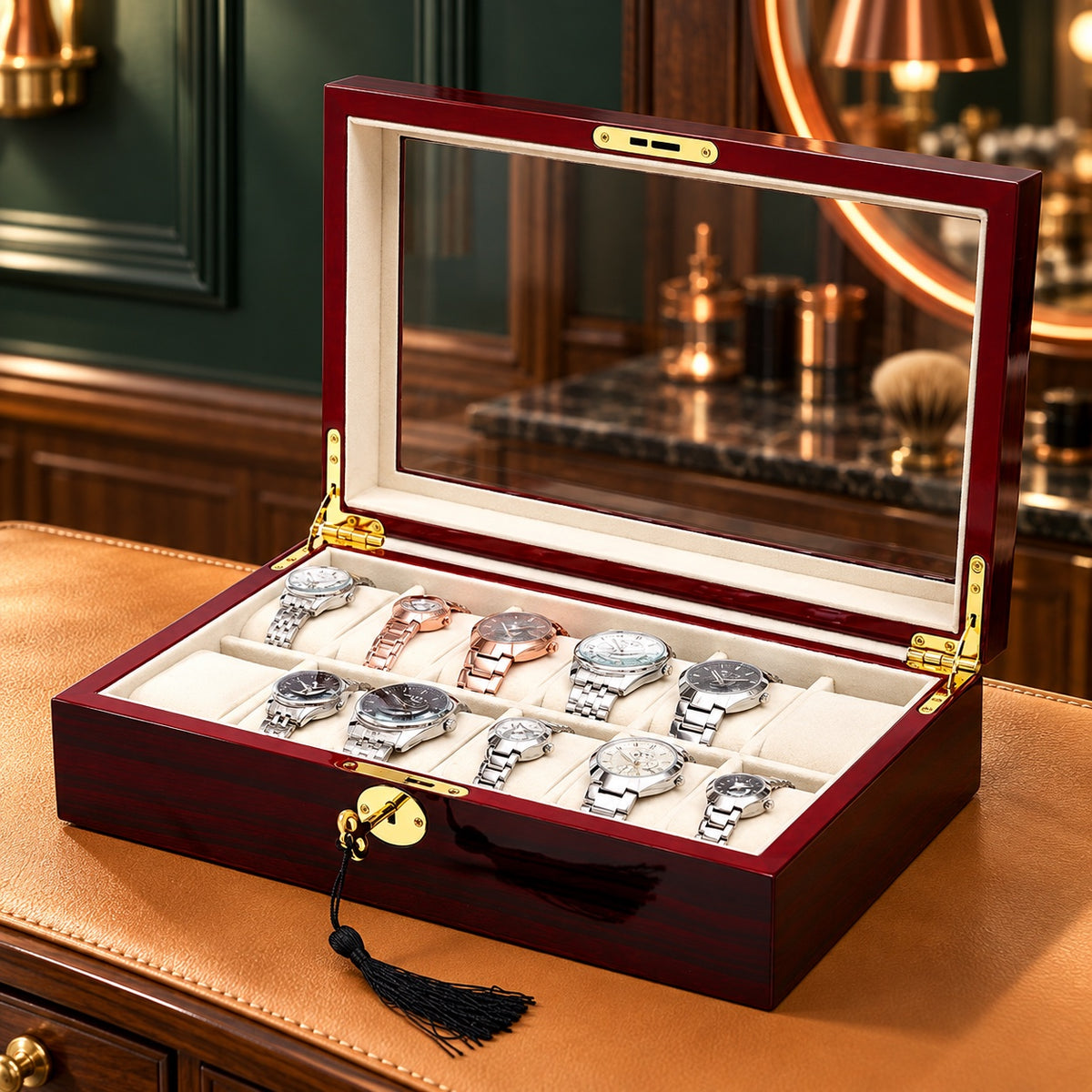 Coffret à montres laqué acajou ouvert avec montres et clé