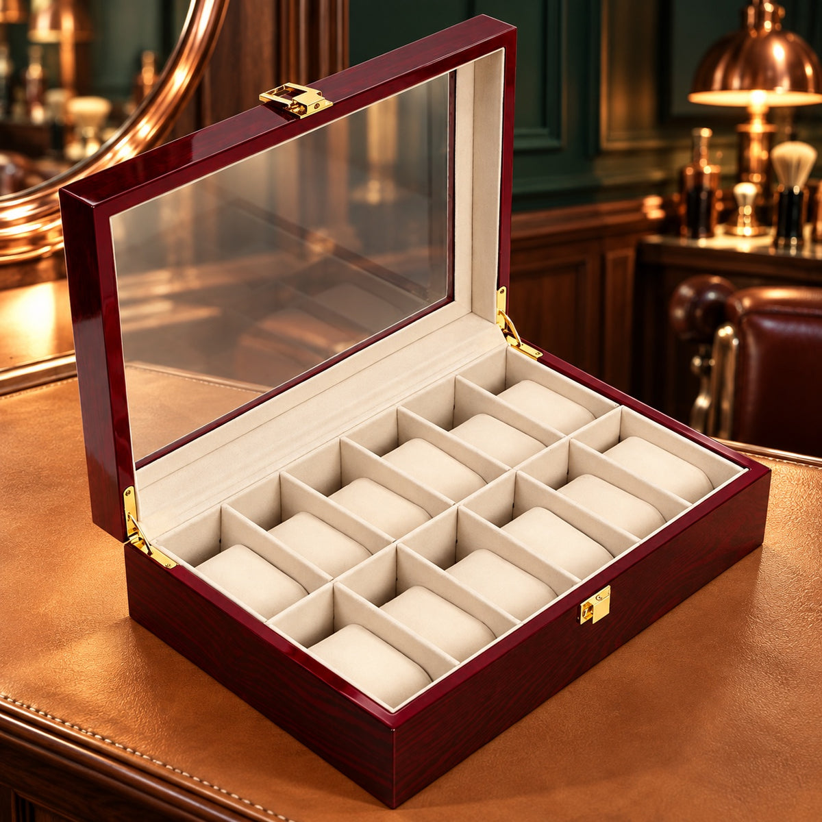 Coffret à montres en bois laqué acajou 12 places, couvercle vitré