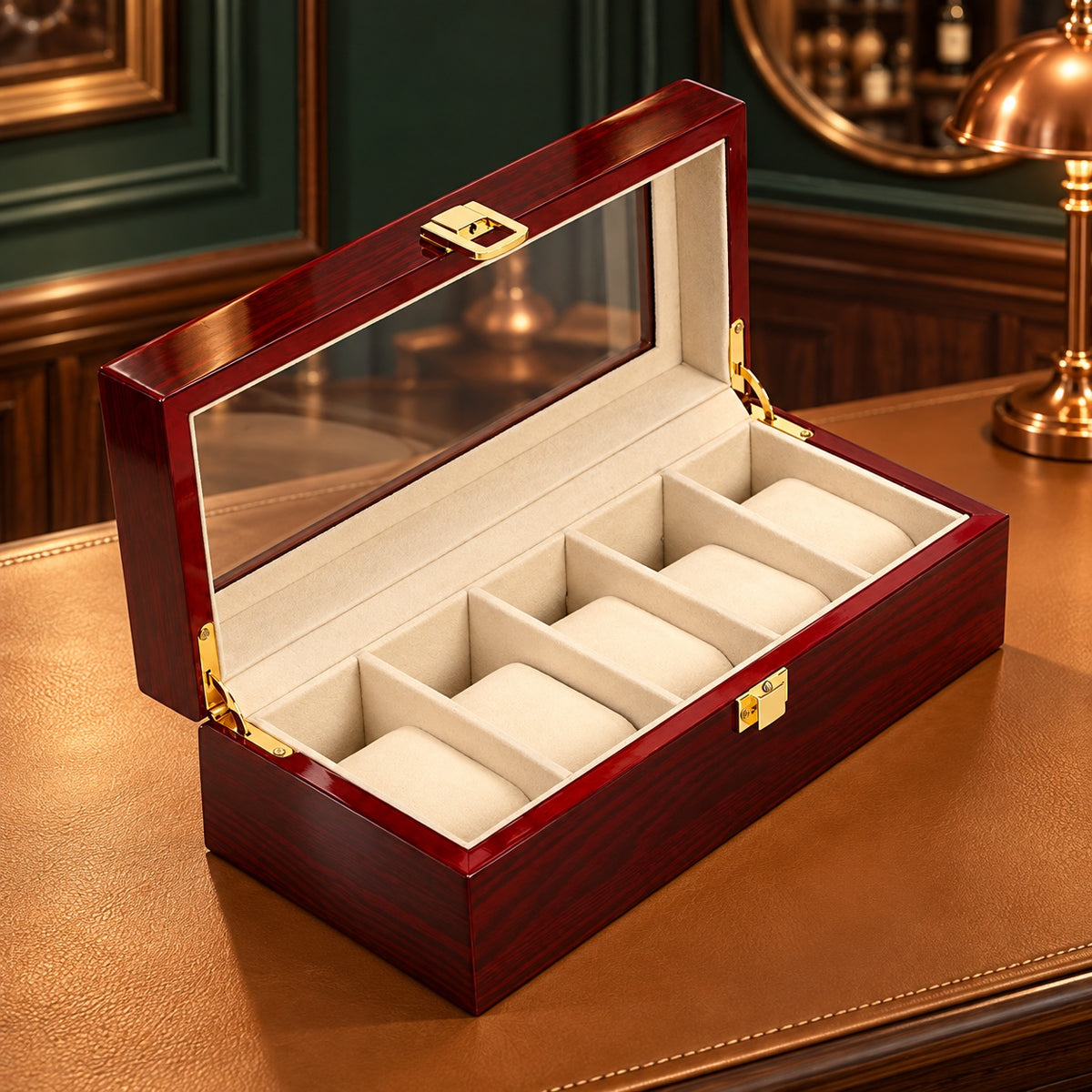 Coffret à montres en bois laqué acajou 5 places, couvercle vitré