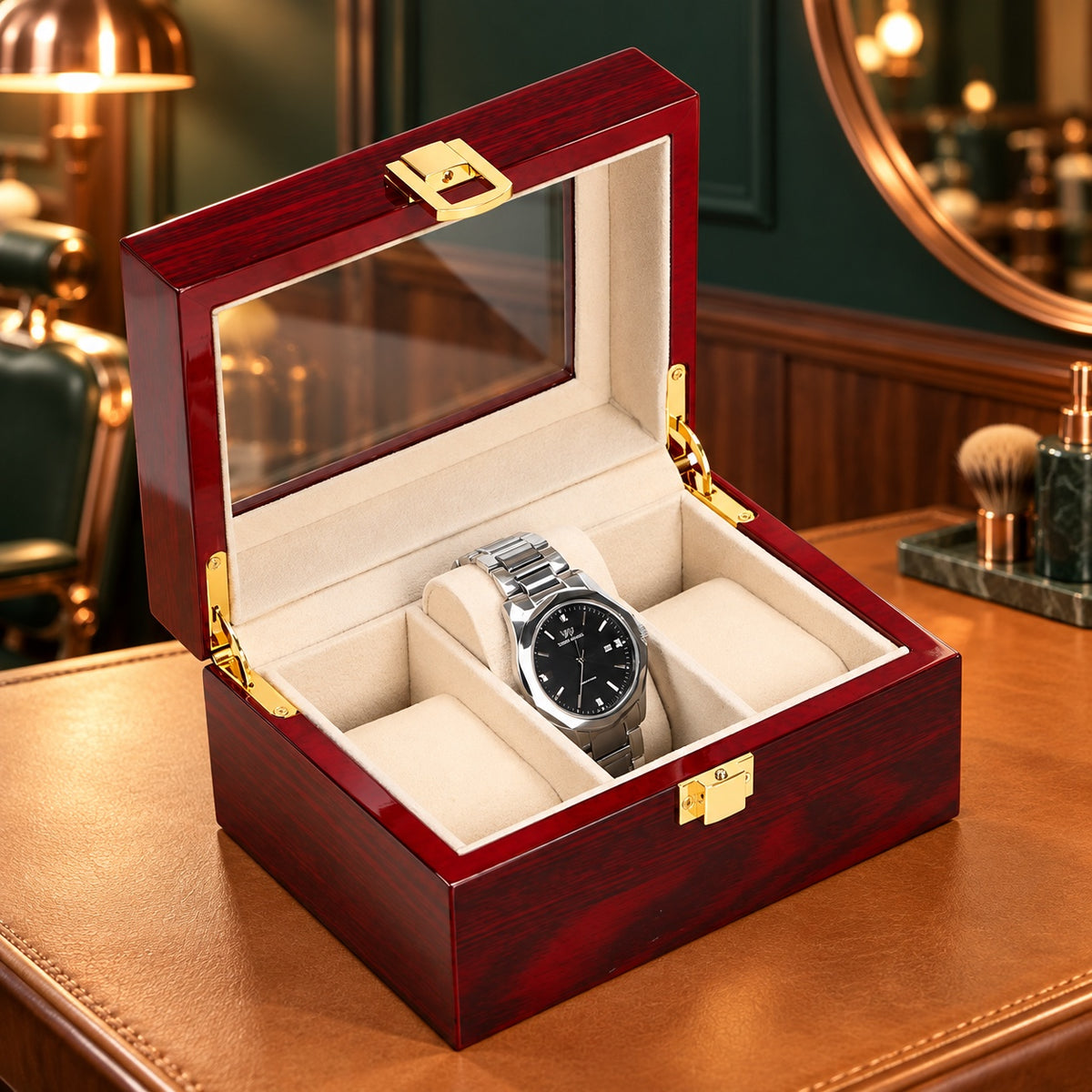 Coffret à montres en bois laqué acajou 3 places, couvercle vitré