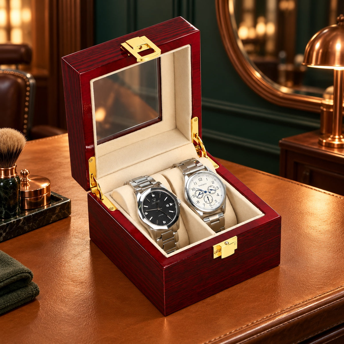 Coffret à montres en bois laqué acajou 2 places, couvercle vitré