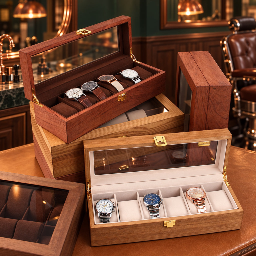 Coffrets à montres en bois avec montres exposées, finitions acajou et chêne