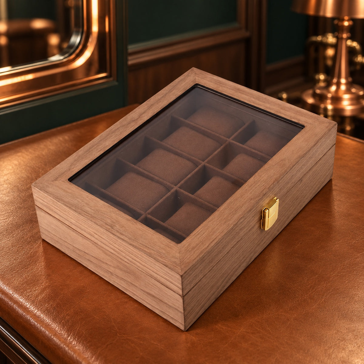 Coffret à montres 10 places en bois clair, coussins marron, couvercle vitré