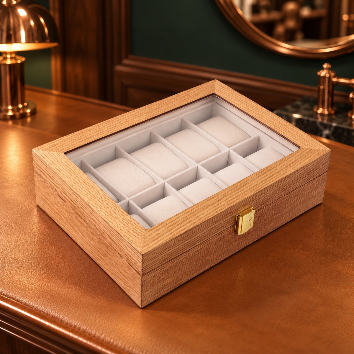 Coffret à montres 10 places en bois clair, coussins blancs amovibles