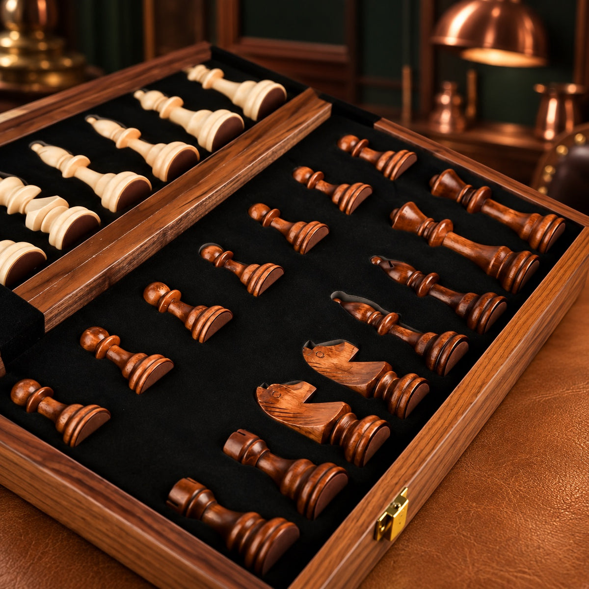 Pièces d'échecs rangées dans l'échiquier pliant, intérieur feutré noir