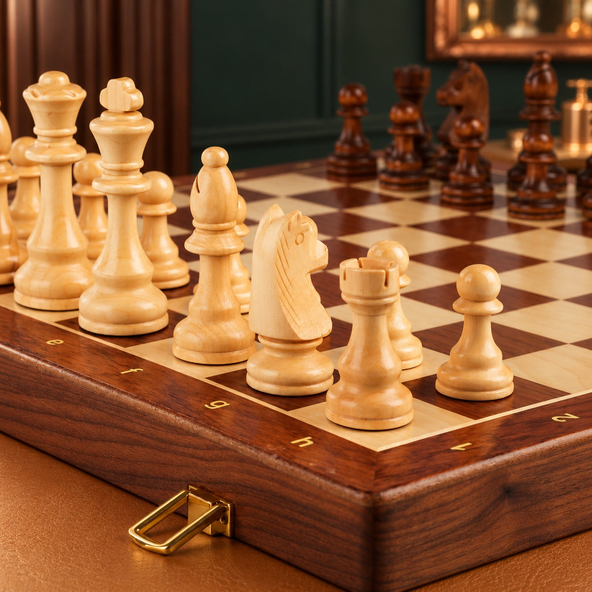 Gros plan sur les pièces d'échecs en bois, roi de 8 cm, plateau marqueté