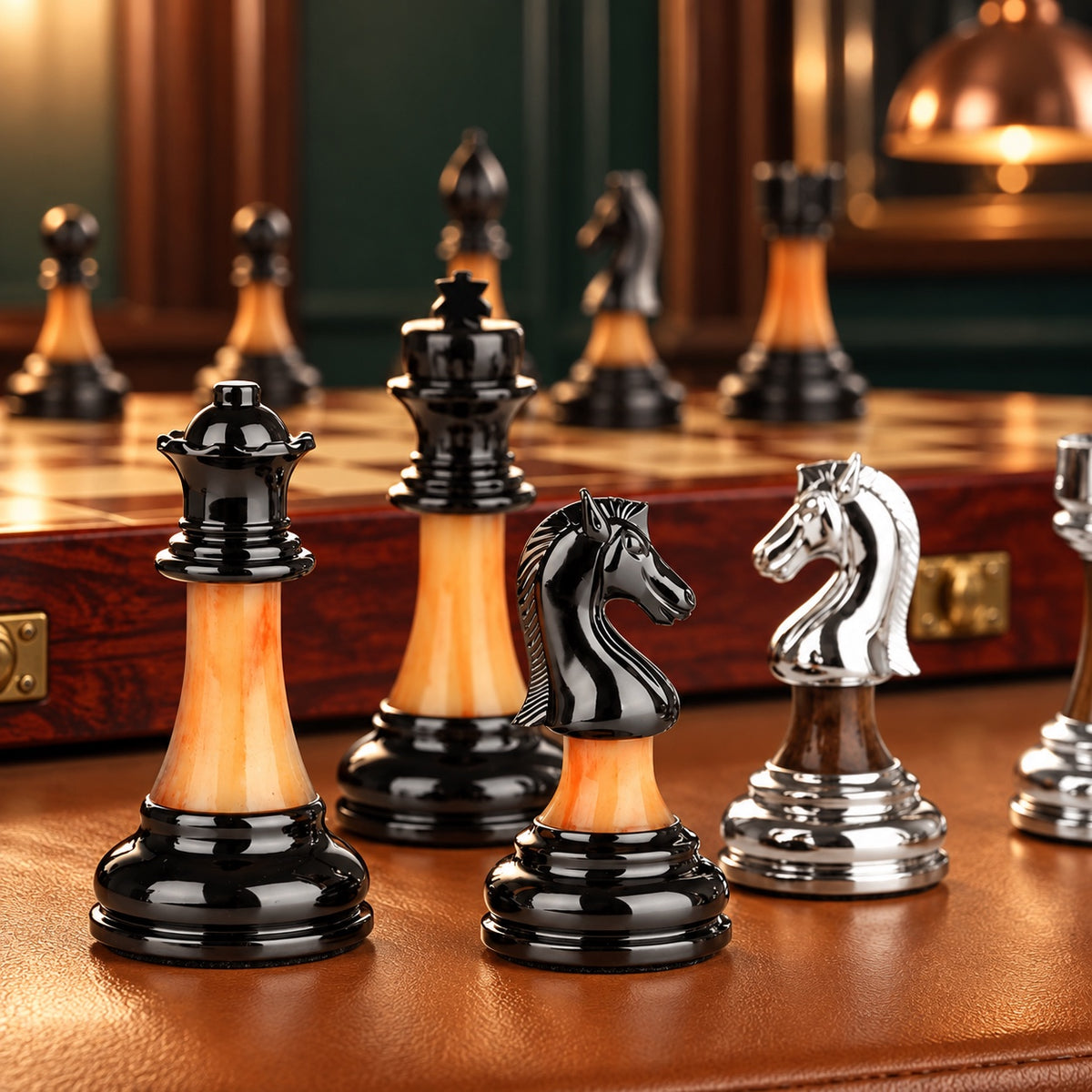 Pièces d'échecs en métal chromé et bois de l'échiquier de prestige