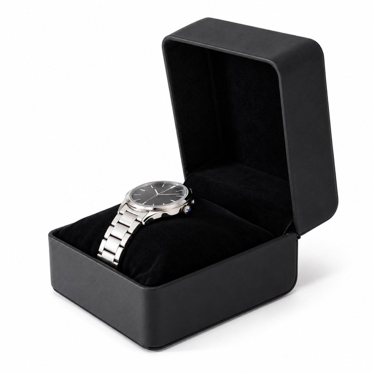 Écrin cadeau pour une montre, cuir noir, fermé, fond blanc – L'Art du Cadeau Homme