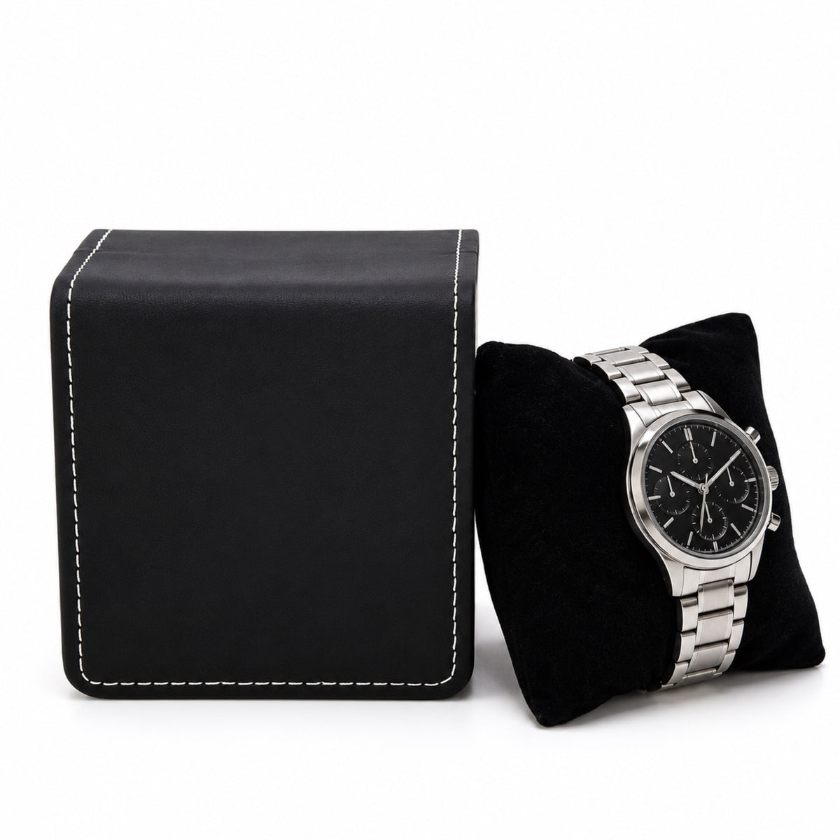 Écrin cadeau pour une montre, cuir noir, coussin amovible, fond blanc – L'Art du Cadeau Homme
