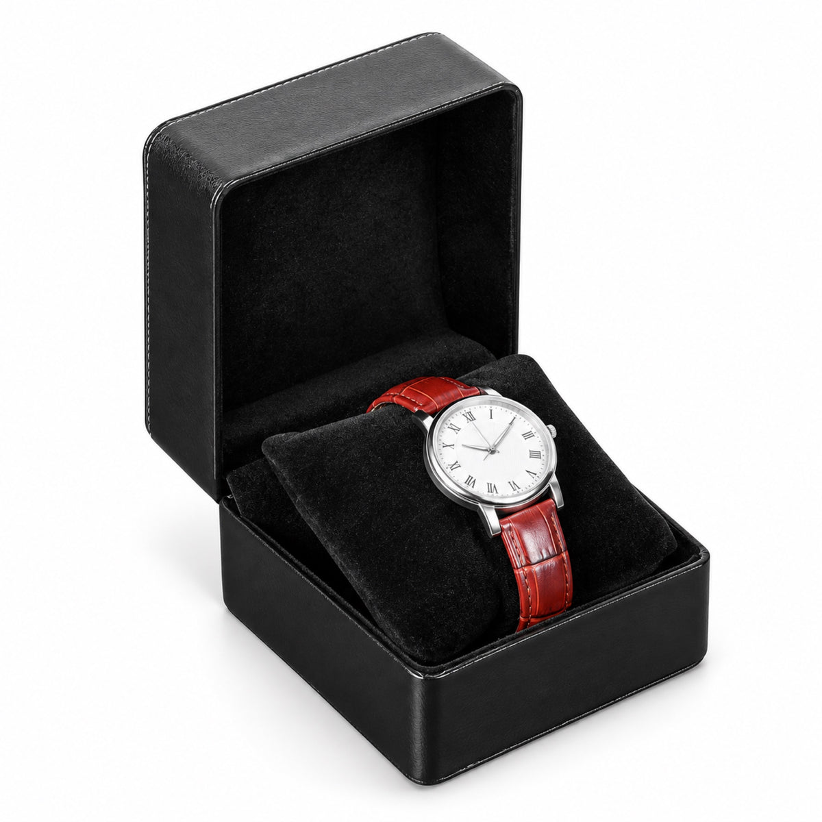 Écrin cadeau pour une montre, cuir noir, intérieur velours, fond blanc – L'Art du Cadeau Homme
