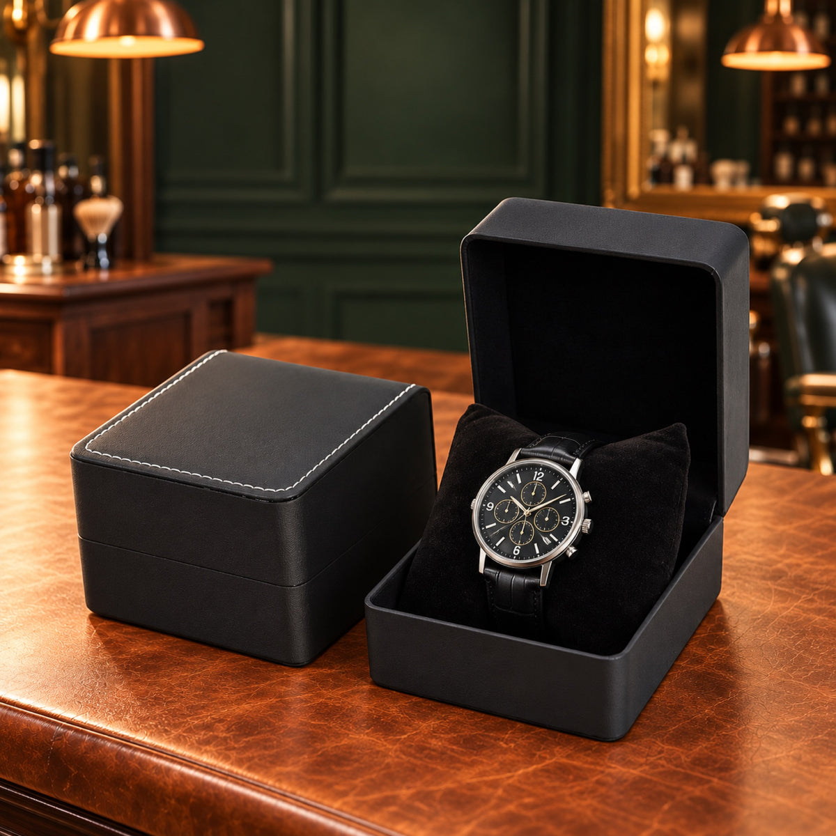 Écrin cadeau pour une montre, cuir noir, sur un comptoir, ambiance – L'Art du Cadeau Homme