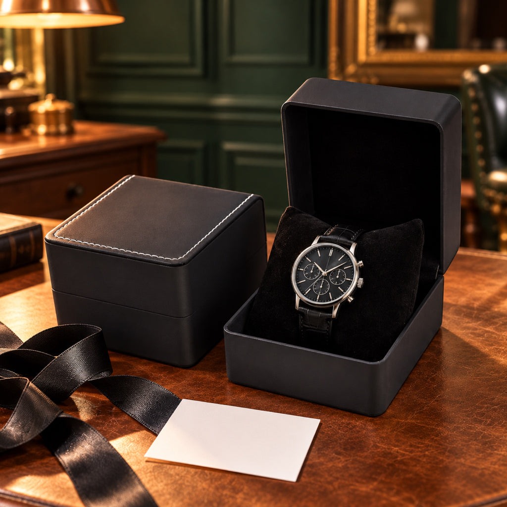 Écrin cadeau pour une montre, cuir noir, mise en scène cadeau avec ruban – L'Art du Cadeau Homme