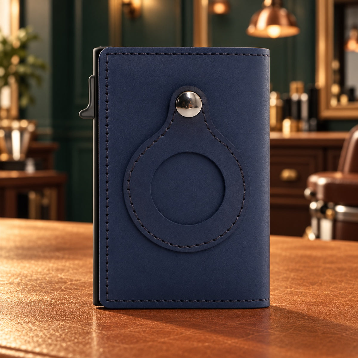 Porte-cartes automatique AirTag en cuir bleu