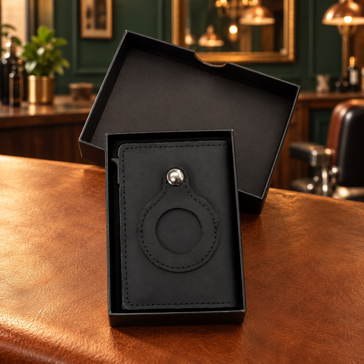 Porte-cartes AirTag livré dans son coffret cadeau noir
