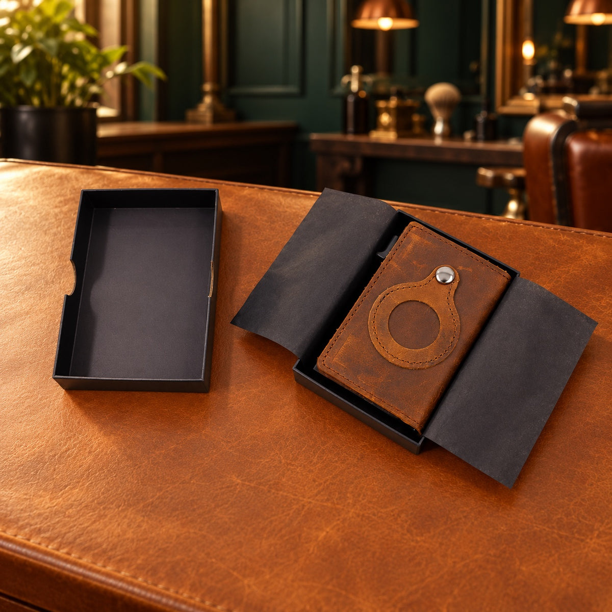 Porte-cartes AirTag marron et son coffret ouvert