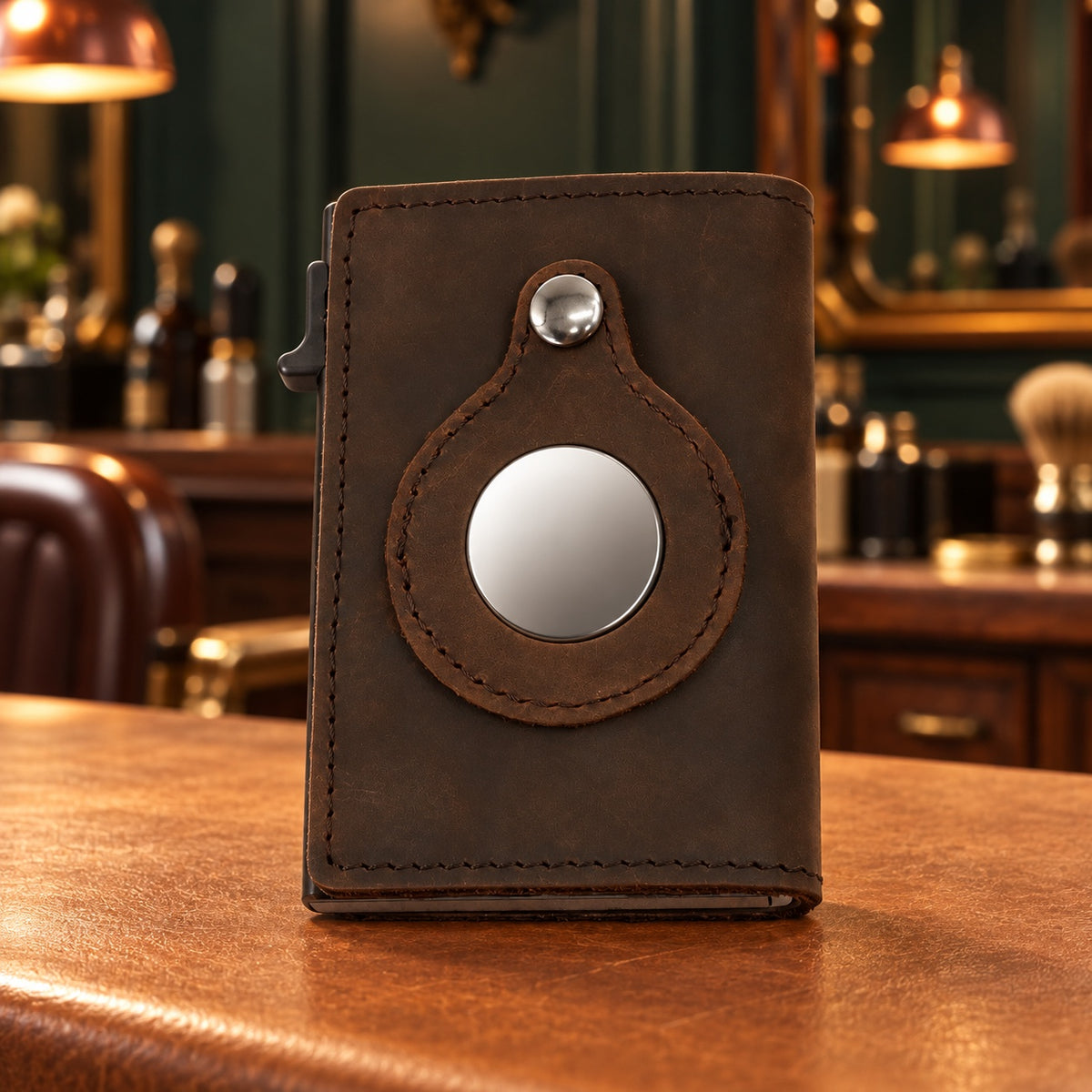 Porte-cartes automatique AirTag en cuir marron foncé