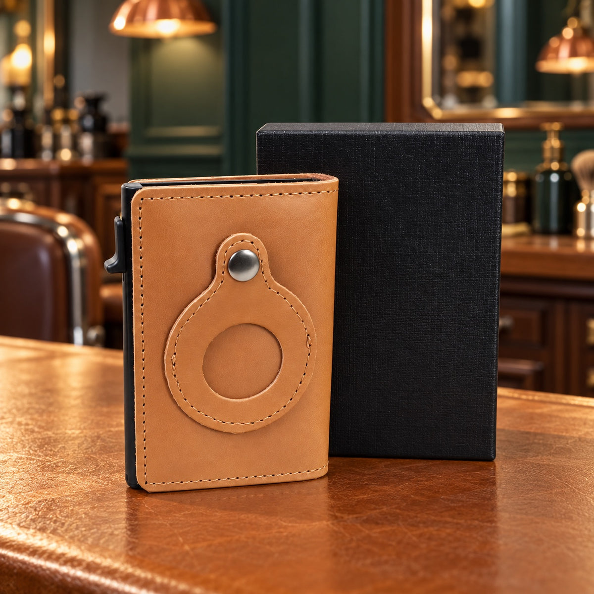 Porte-cartes automatique AirTag en cuir marron et son coffret